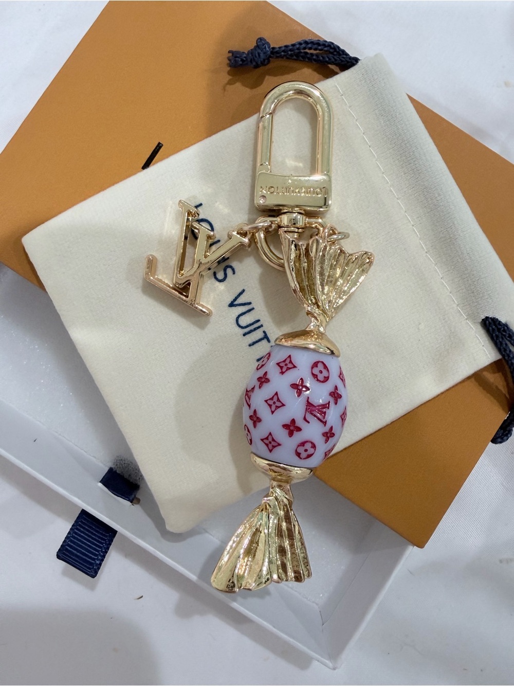 Gold-tone & light blue with  Red Monogram Candy Bag Charm Keyring